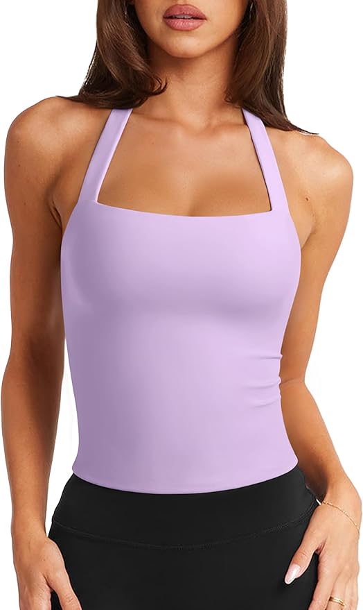 LASLULU Womens Sexy Halter Sports Bra Workout Tops Wirefree Sleeveless Gym Yoga Tank Tops Y2k Casual Crop