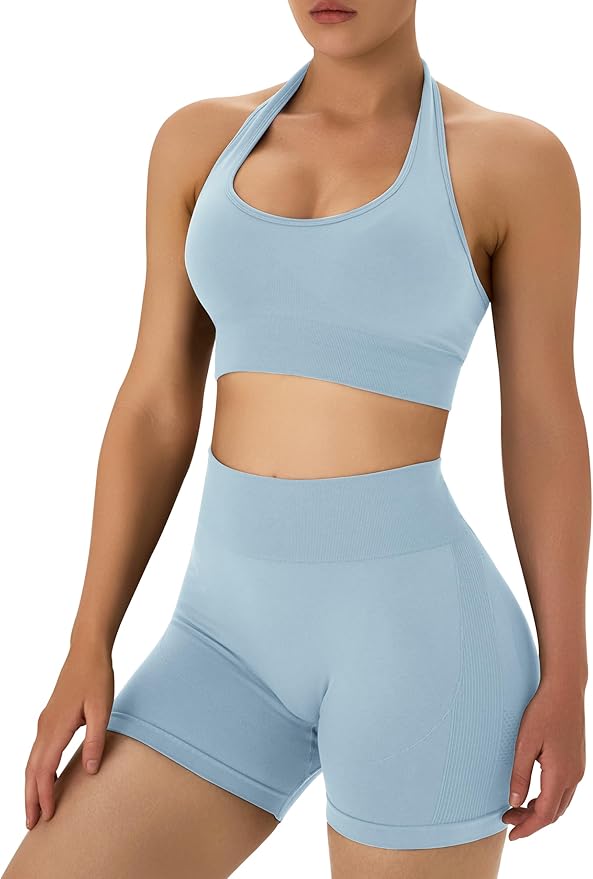 OLCHEE Workout Sets for Women 2 Piece Backless Halter Sports Bra High Waist Booty Shorts Yoga Gym Outfits Lounge Activewear