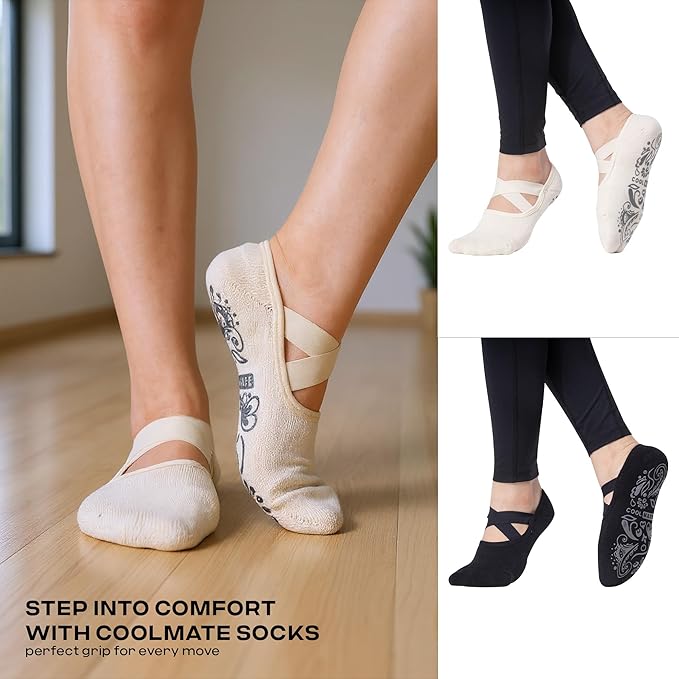 CoolMate Pilates Socks with Grips for Women, Yoga Socks, Crew Non Slip Women for Barre, Pilates Gifts for Women