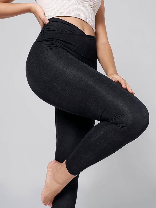 ODODOS Women's Cross Waist Yoga Leggings with Inner Pocket, 23"/25"/28" Gathered Crossover Workout Yoga Pants