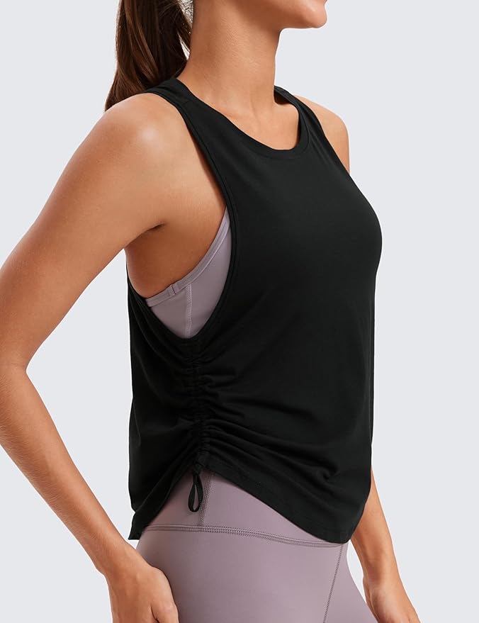 CRZ YOGA Pima Cotton Ruched Side Tank Tops for Women - Workout Athletic Casual Racerback Crewneck Loose Sleeveless Shirts
