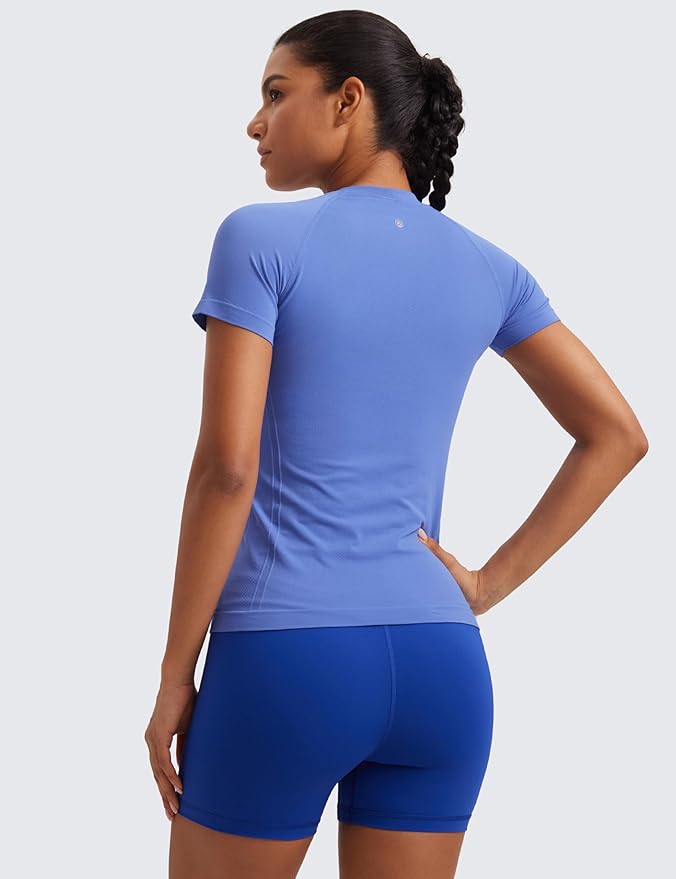 CRZ YOGA Seamless Workout Tops for Women Hip Length - Athletic Running Gym Yoga Short Sleeve Shirts Breathable Crewneck Tees