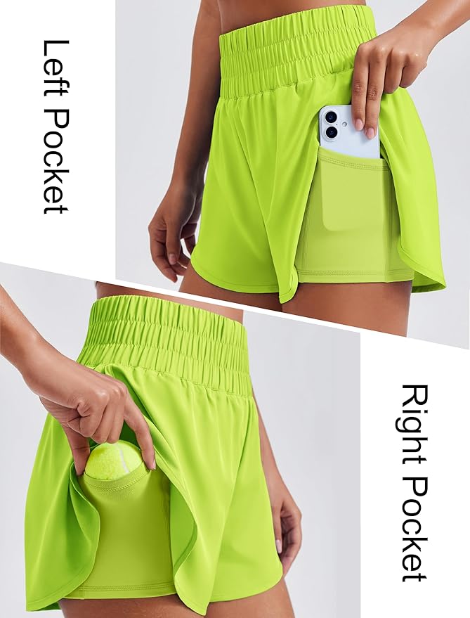 PINSPARK Women's 2 in 1 Running Shorts High-Split Athletic Short High Waisted 3" Liner Workout Gym Short with Pockets