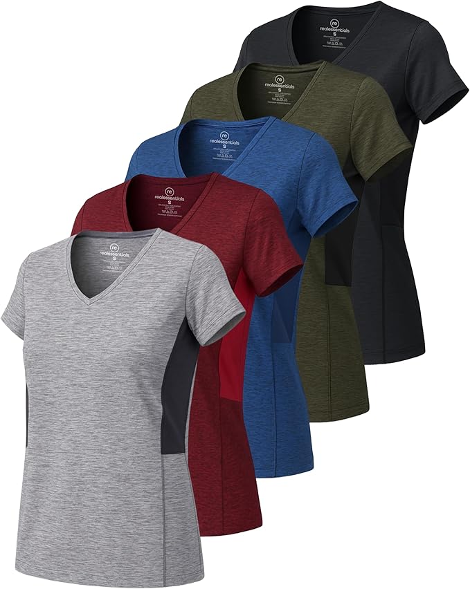 Real Essentials 5 Pack: Women's Dry-Fit Short Sleeve V Neck T Shirt Workout Fitness Yoga Top Tee (Available in Plus Size)