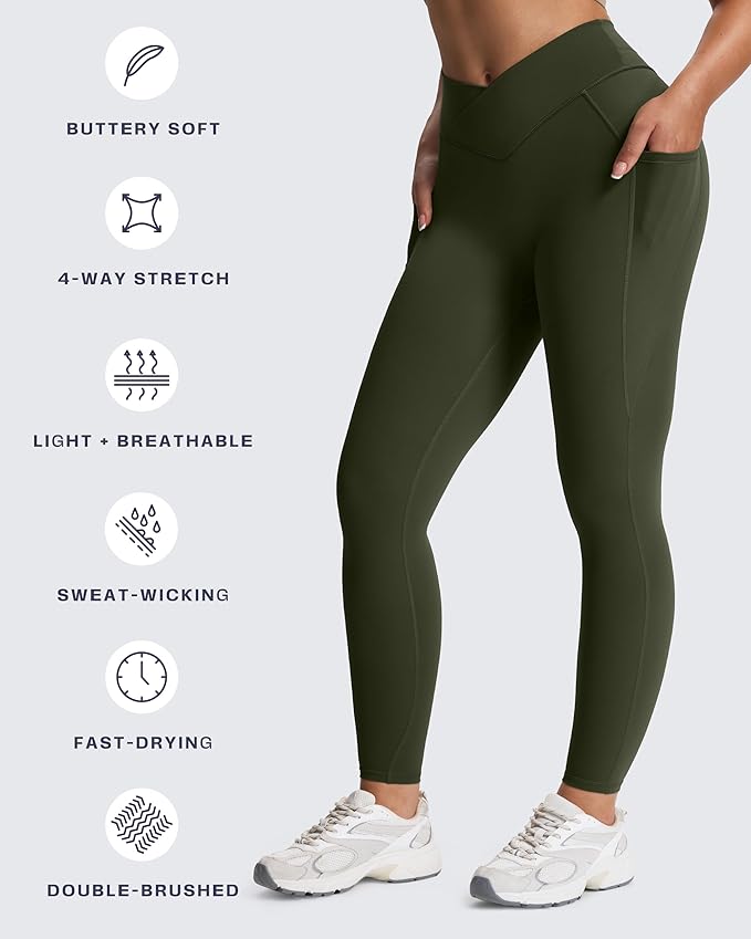Aoxjox Women's Trinity High Waisted Yoga Pants with Pockets Cross-Waist Tummy Control Buttery Soft Workout Leggings 26"