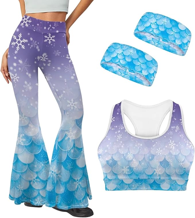 4 Piece Gym Sets Women Racerback Sports Bra with Back Pocket, Matching Flare Yoga Pants And Sweatband