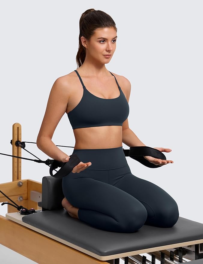 CRZ YOGA Butterlift Double Lined V Back Sports Bras for Women - Scoop Neck Spaghetti Strap Wireless Yoga Top Non Padded