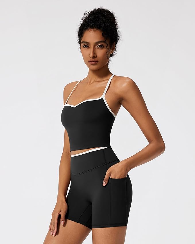 RXRXCOCO Color Block Workout Sets for Women 2 Piece Padded Strappy Tank Tops Hidden Scrunch Booty Shorts with Pockets