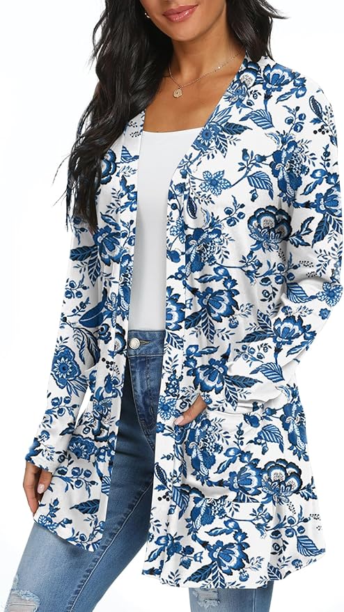 Womens Casual Lightweight with Pocketes Long Sleeve Open Front Cardigan