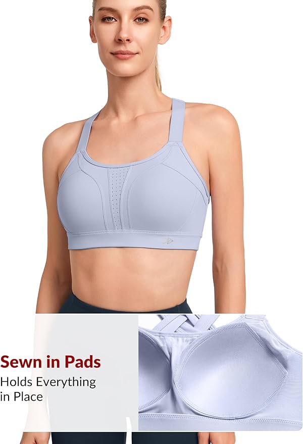 Yvette Sports Bra High Impact Adjustable Criss Cross Back, Full Support for Large Bust No Bounce
