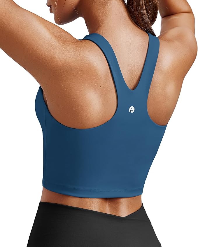 PINSPARK Women Sports Bra High Neck Racerback Workout Crop Tank Top Longline Padded Yoga Tops with Built in Pads