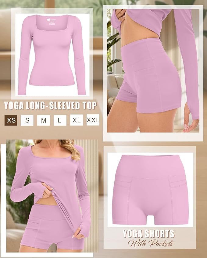 Oakgarden Women's Long Sleeve Yoga Set Square Neck Slim Fit Tops Elastic Soft Thumb Hole Shirt High Waist Shorts with Pockets