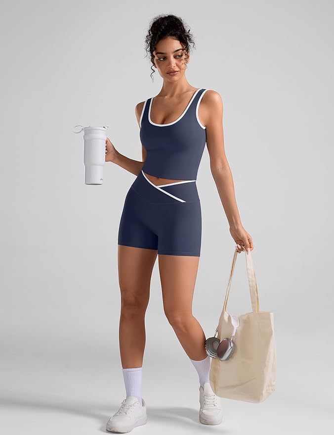 OLCHEE Womens Workout Sets 2 Piece Gym Yoga Outfits Crossover Flare Leggings Crop Tank Top with Contrast Trim