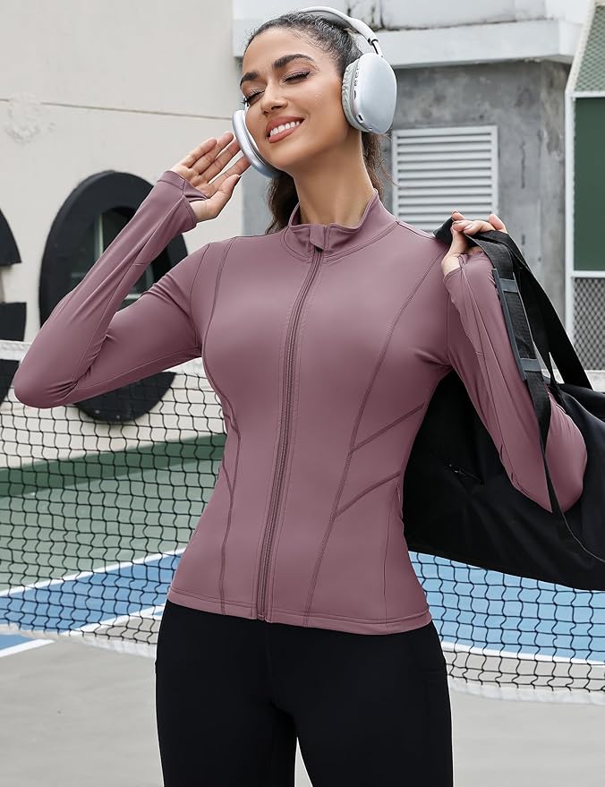 Rapbin Women's Slim Fit Workout Jackets Full Zip Long Sleeve Running Athletic Tops Yoga Shirts with Thumb Holes