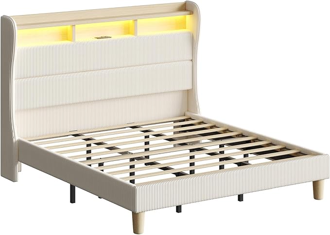 Bestier King Size Upholstered Wingback Bed Frame with 51” High Headboard Corduroy Fabric RGB LED Lights, Charging Station Dual Storage Shelves Modern Off White Platform Bed No Box Spring Needed | King Bed Frame