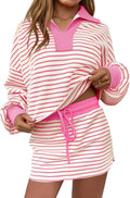 Fisoew Womens Striped 2 Piece Outfits Casual Sweatshirt Skirt Set Long Sleeve Skort Workout Set Matching Lounge Sets