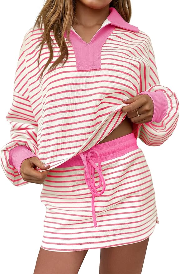 Fisoew Womens Striped 2 Piece Outfits Casual Sweatshirt Skirt Set Long Sleeve Skort Workout Set Matching Lounge Sets