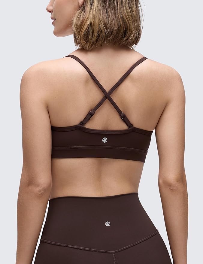 CRZ YOGA Butterluxe V-Neck Sports Bras for Women - Adjustable Thin Straps Padded Yoga Top Basic Wireless Camisole