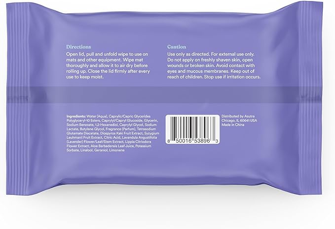 ASUTRA Yoga Mat Cleaning Wipes (Lovely Lavender), 1 Pouch (30 Wipes) - No Slippery Residue, Deep-Cleansing for Fitness Gear & Gym Equipment