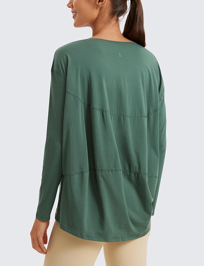 CRZ YOGA Pima Cotton Boat Neck Long Sleeve Shirts for Women - Workout Athletic Yoga Casual Tops Loose Fit Fall T-Shirts