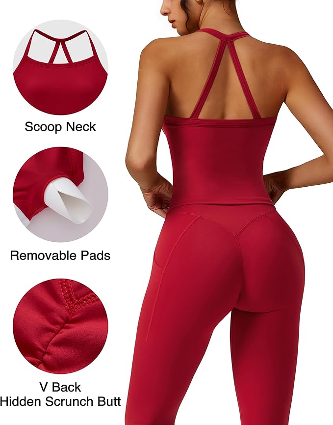 RXRXCOCO Cross Back Workout Sets for Women 2 Piece Padded Tank Tops Hidden Scrunch Leggings Gym Outfits with Pockets