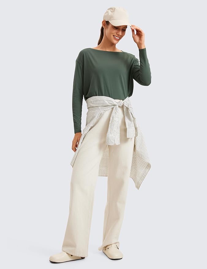 CRZ YOGA Pima Cotton Boat Neck Long Sleeve Shirts for Women - Workout Athletic Yoga Casual Tops Loose Fit Fall T-Shirts