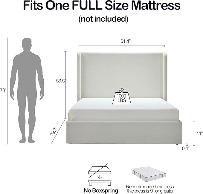 Full Size Upholstered Platform Bed Frame, 53.5" High Headboard Carmen Wingback Beds, Tall Headboard King Floor Bed Frames, No Box Spring Needed No Noise, Minimalist, Textured Ivory