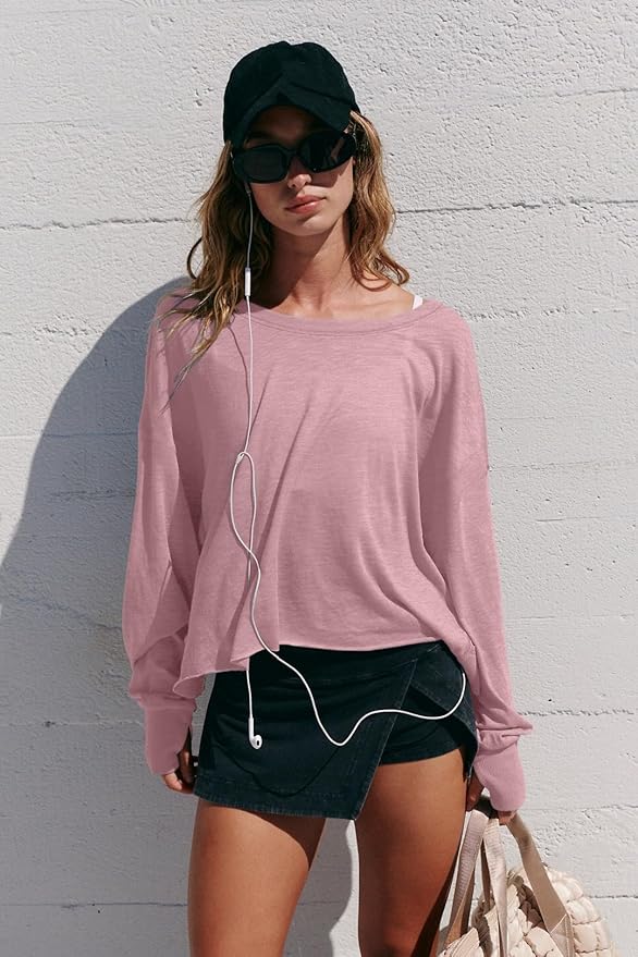 LASLULU Womens Open Back Long Sleeve Workout Tops Athletic Shirts Boat Neck Casual Running Tee Y2k Yoga Gym Tops