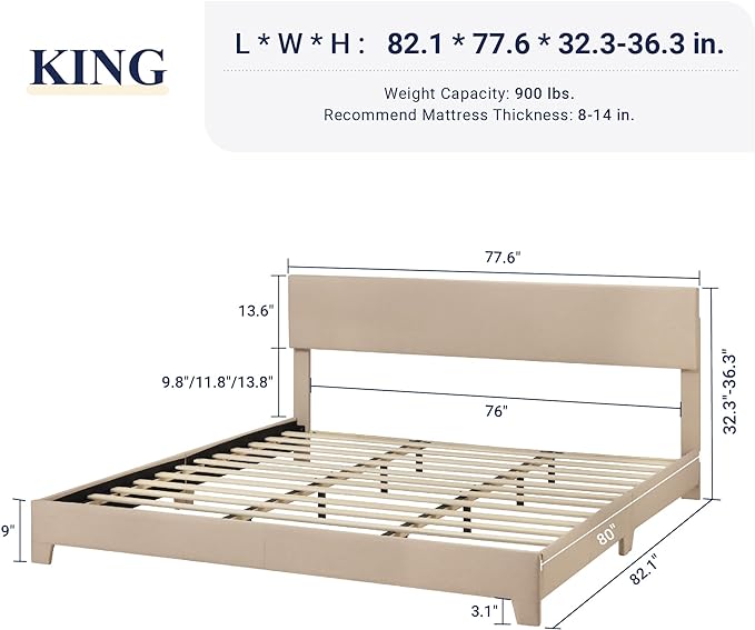 Allewie King Size Bed Frame with Adjustable Headboard, Upholstered Platform Bed with Wood Slats, Heavy Duty Mattress Foundation, No Box Spring Needed, Noise-Free, Easy Assembly, Beige