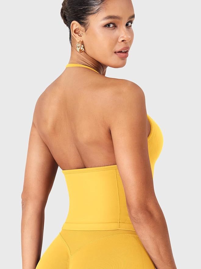 YEOREO SoftHue Impact Longline Strappy Top Women's Halter Workout Tank Tops Backless Gym Longline with Adjustable Strap