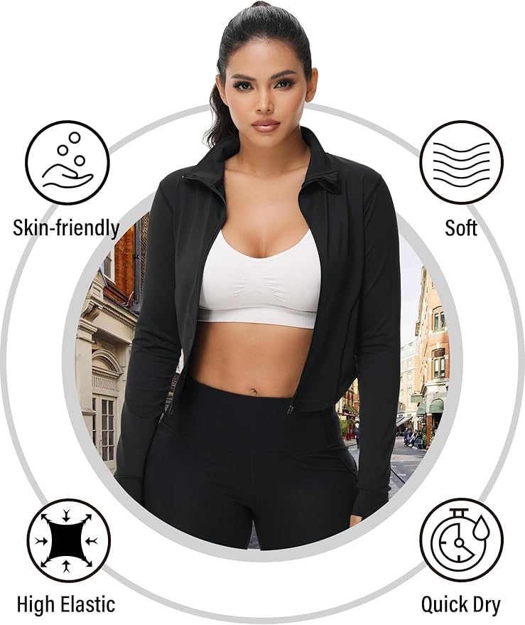 Dalavch 3 Pack Womens Cropped Full Zip up Workout Jacket Slim Fit Running Athletic Gym Yoga Sports Jacket with Thumb Holes