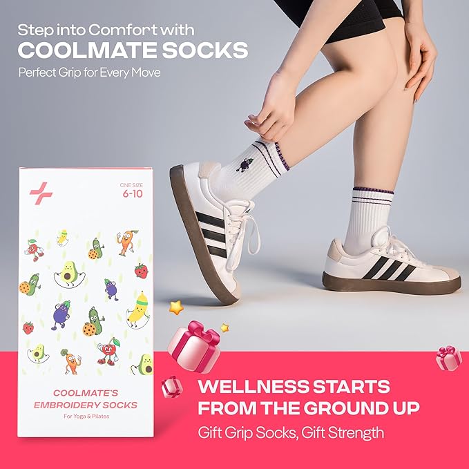 CoolMate Pilates Socks with Grips for Women, Yoga Socks, Crew Non Slip Women for Barre, Pilates Gifts for Women