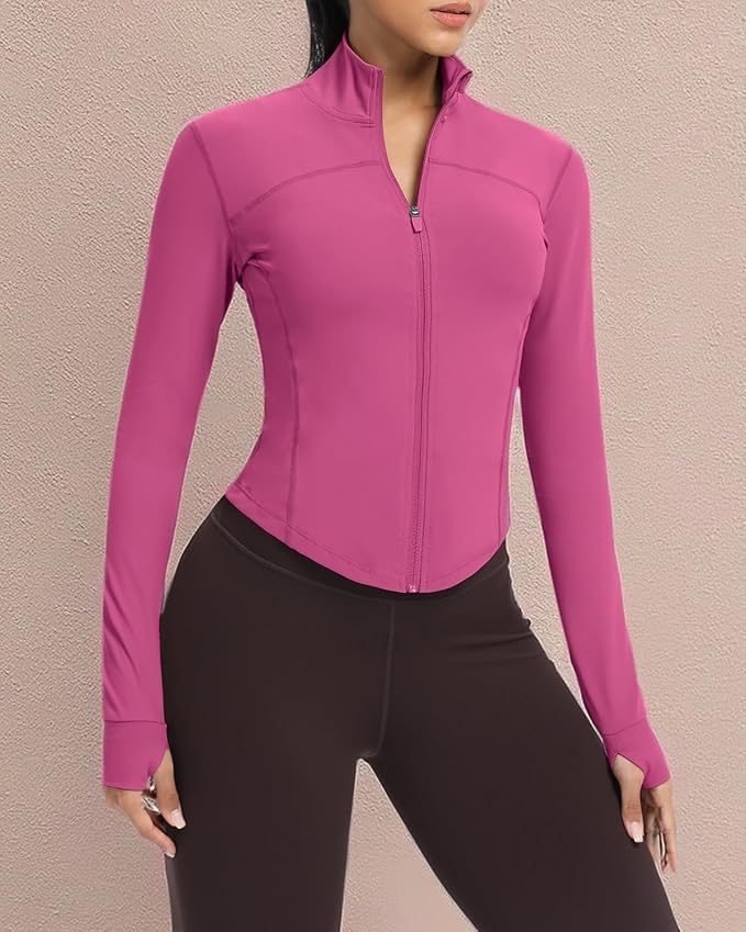 AVGO Women's Cropped Running Workout Jackets Zip Slim Fit Athletic Tops with Thumb Holes