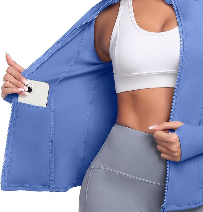 Women's Athletic Full Zip Lightweight Workout Jacket With Pockets Running Slim Fit Yoga Sportwear With Thumb Holes