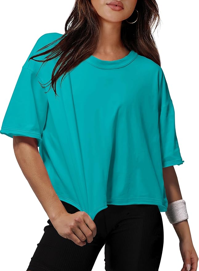 XIEERDUO Cotton Tshirts for Women Drop Shoulder Round Neck Oversized Crop Tops Workout Tops Tees