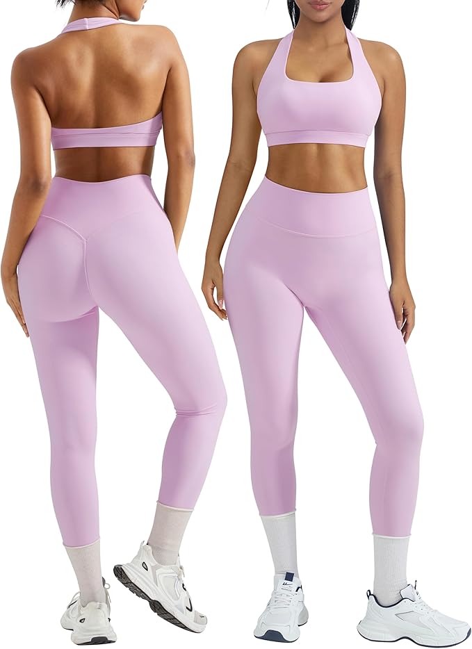 OMKAGI 2 Piece Workout Sets for Women Halter Sports Bras Gym Sets Booty Leggings Outfits