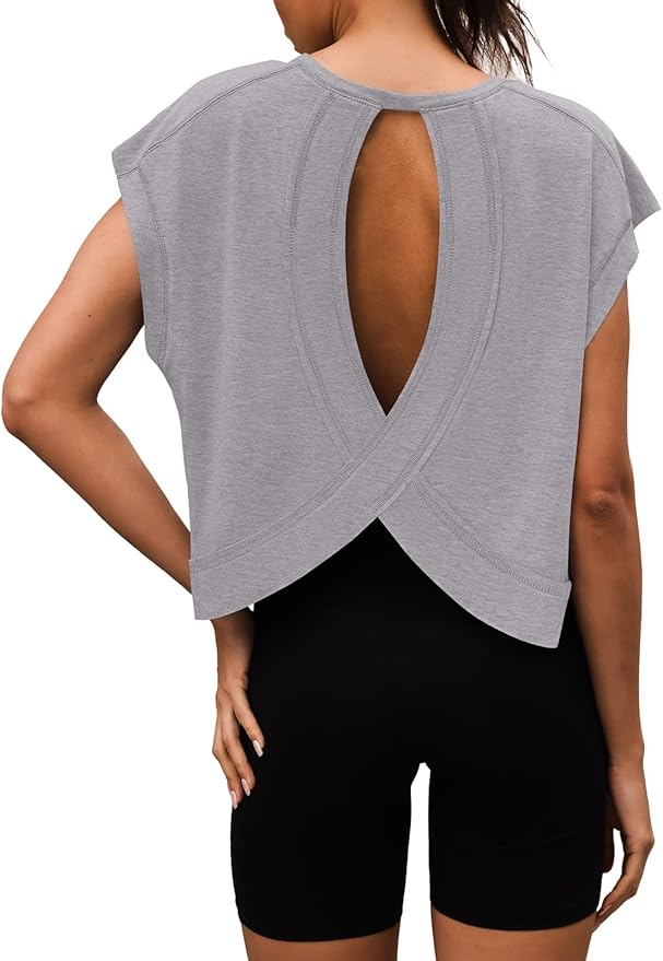Women Open Back Workout Shirts Short Sleeve Tops Casual Yoga Y2k Athletic Gym Running Crop Tees