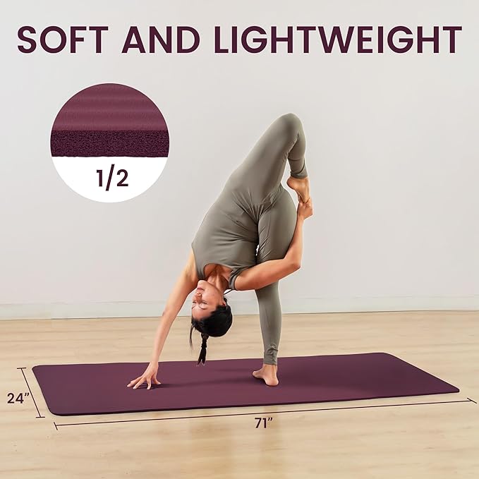 Fitvids Yoga Mat, 1/2-Inch Extra Thick High Density Exercise Mat, Anti-Tear Exercise Yoga Mat with Carrying Strap, Suitable for Various Yoga Exercises