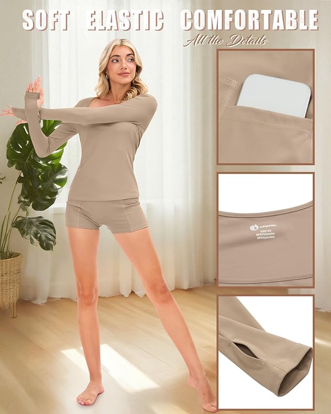 Oakgarden Women's Long Sleeve Yoga Set Square Neck Slim Fit Tops Elastic Soft Thumb Hole Shirt High Waist Shorts with Pockets