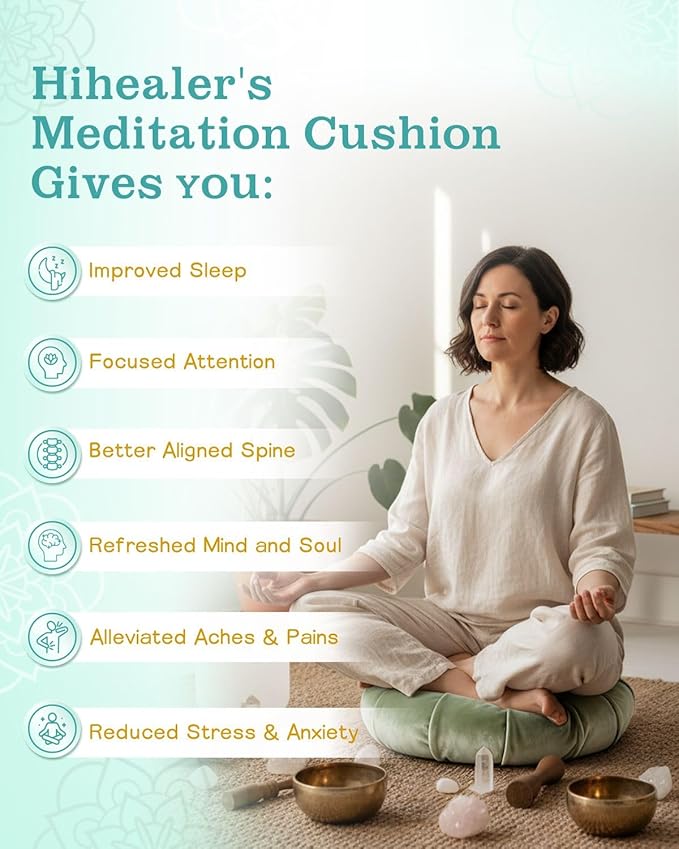 Hihealer Premium Meditation Cushion - Comfortable Floor Pillow for Adult Traditional Crescent Meditation Pillow Yoga Buckwheat Bolster (Green)