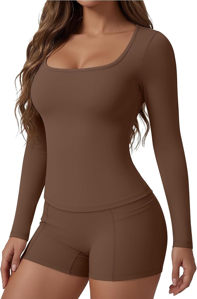 Women Workout Sets 2 Piece Yoga Square Neck Long Sleeve Top Athletic Seamless Short Pockets Sport Gym Run Outfits