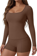 Women Workout Sets 2 Piece Yoga Square Neck Long Sleeve Top Athletic Seamless Short Pockets Sport Gym Run Outfits