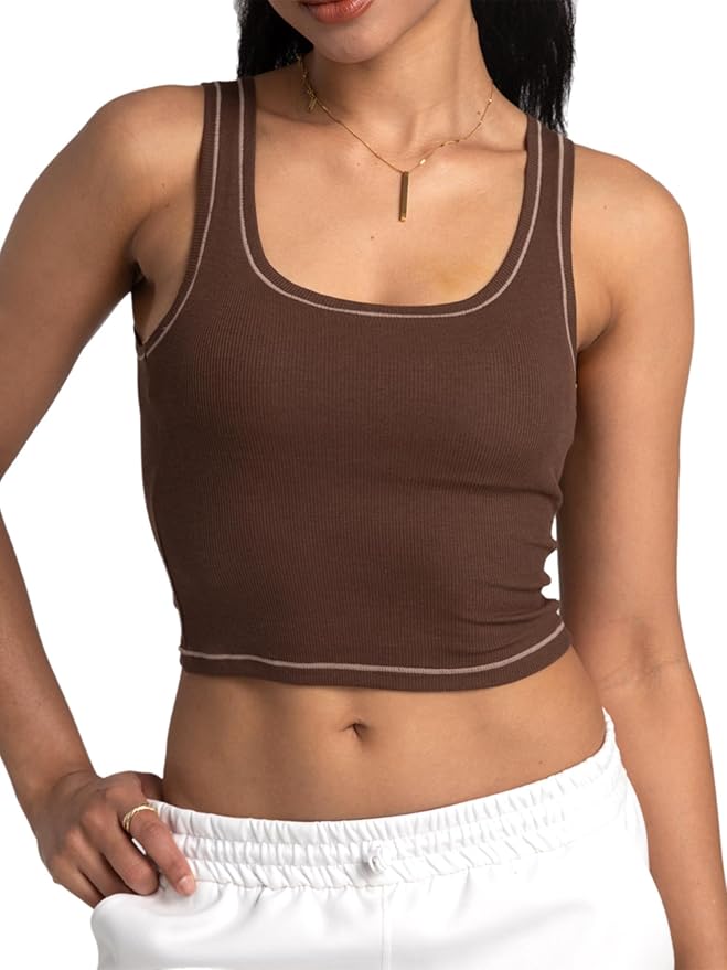 Danysu Women Rib Tank Top Padded Workout Top Square Neck Crop Tank Fitted Basic Cami Tops
