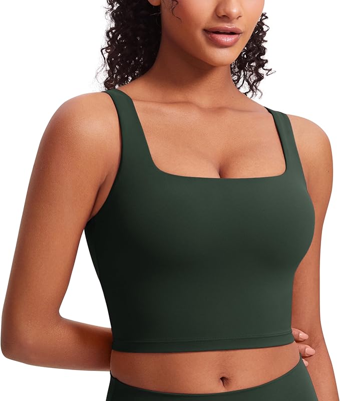CRZ YOGA Butterluxe Square Neck Crop Tank Tops for Women - Workout Longline Sports Bras Padded Yoga Camisole