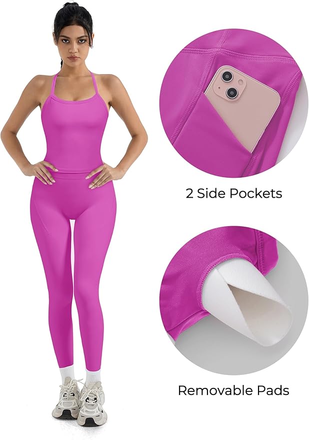 SUUKSESS Women 2 Piece Workout Sets Compression Tummy Control Leggings with Pockets Halter Built in Bra Tank Tops