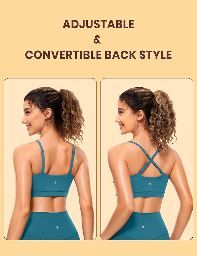 CRZ YOGA Butterluxe Womens Adjustable Spaghetti Thin Strap Sports Bra - Padded Wireless Square Neck Workout Yoga Clothes