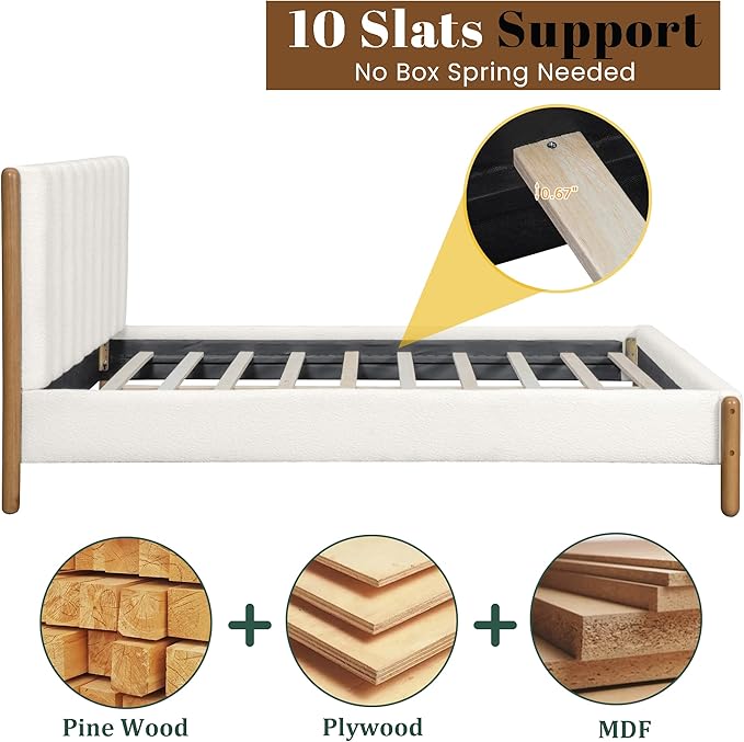 Queen Size Bed Frame with Boucle Upholstered Headboard, Solid Rubberwood Legs & Vertical Striped Design, Sturdy Wood Slat Support Boucle Bed Frame, No Box Spring Needed, White