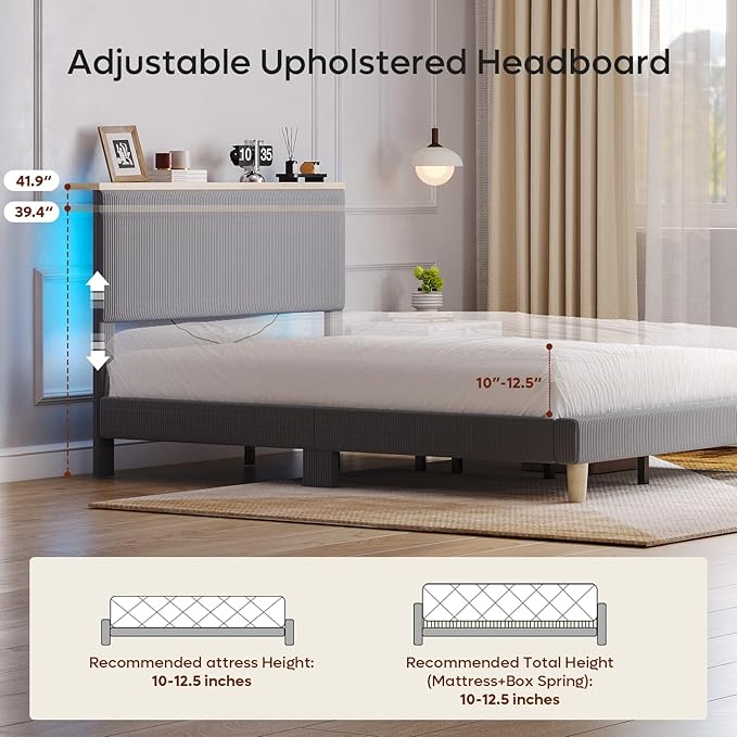 Bestier Queen Bed Frame with Adjustable Headboard & LEDLighting, Corduroy Upholstered Platform Bed Frame withStorage Shelf, Solid Wood Slats, No Box Spring Needed,Never Squeak, Easy Assembly, Grey