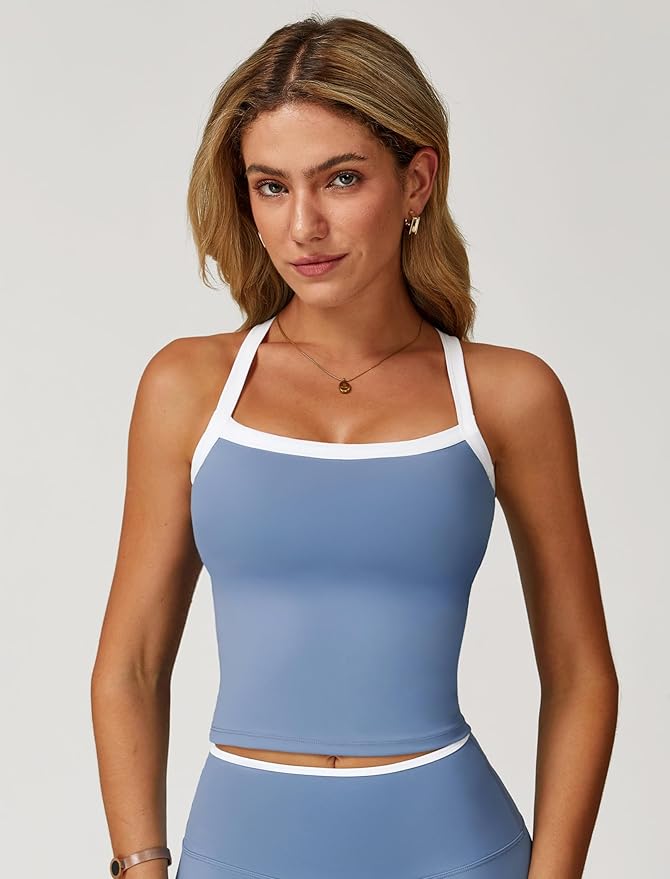 QBGJTD Womens Longline Sports Bras Cross Back Active Gym Yoga Padded Workout Crop Tank Top with Built in Bra