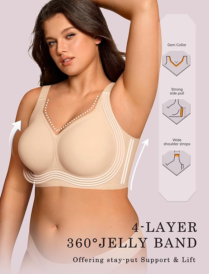 OEAK Womens Wireless Jelly Bra Plus Size Supportive Seamless Bras Full Coverage Push Up Comfortable No Underwire Tshirt Bras